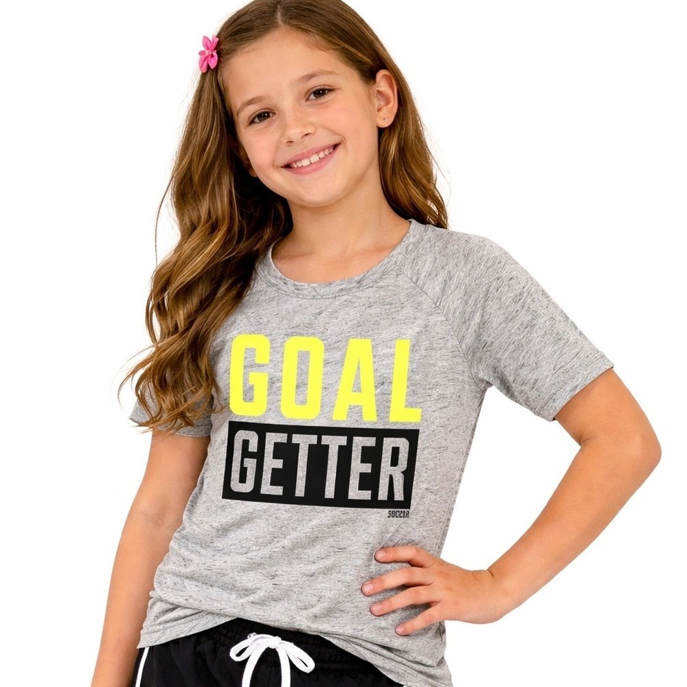 Justice Goal Getter Soccer Shirt Kids Size 8 Grey Neon Yellow Raglan Graphic Tee